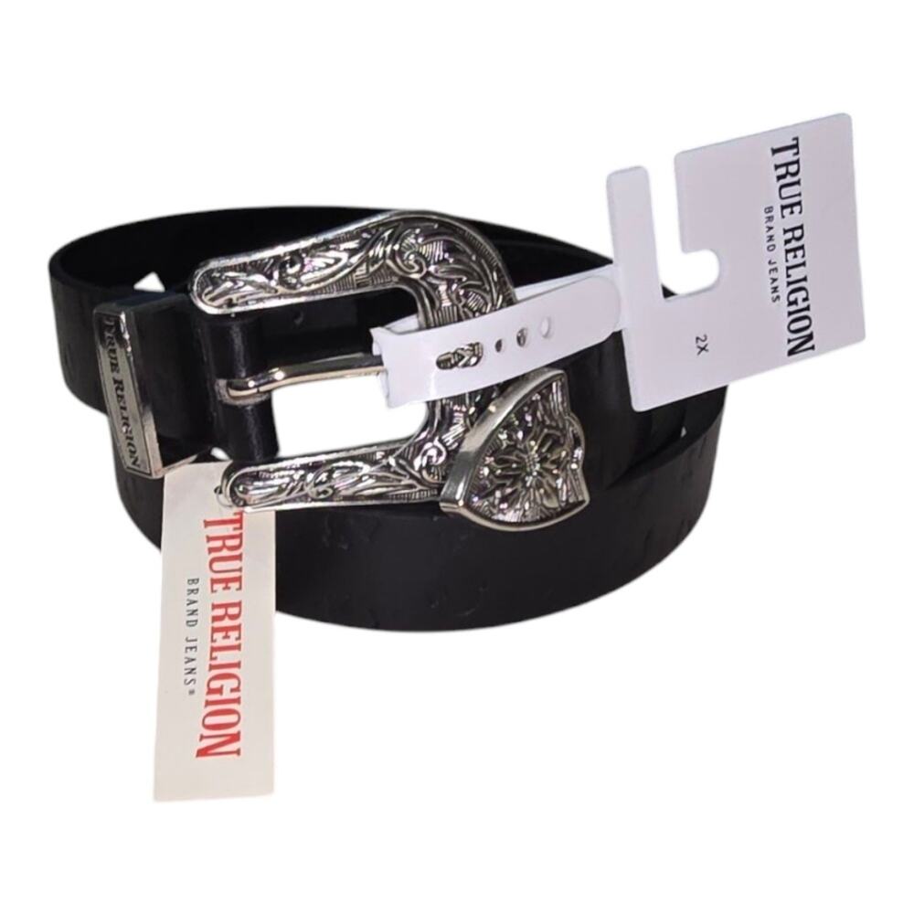 True Religion Black Logo Stamped Belt Silver Buckle Women's Plus Size 1X 2X New